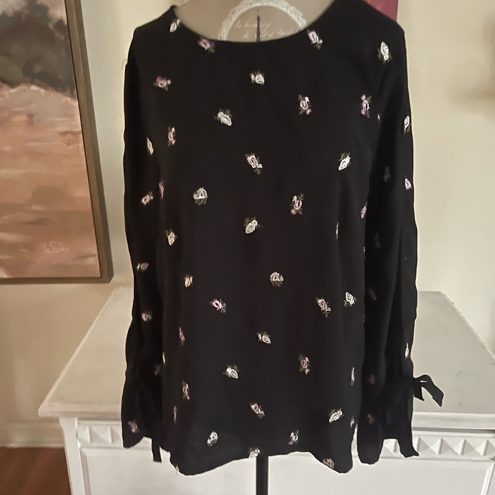 Allirow Black Floral Blouse with Ties at Wrists